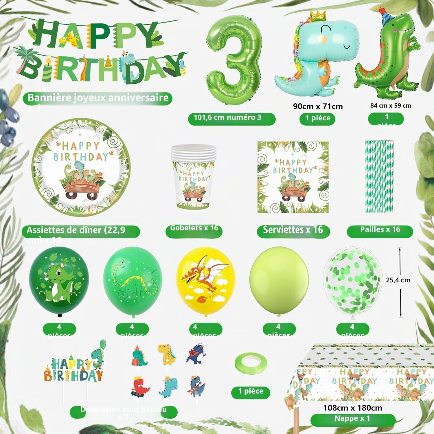 Kit Déco Anniversaire Dinosaure Garçon – 57 Ballons, Chiffre 3, Ballons Alu, Cake Toppers, Facile à Monter