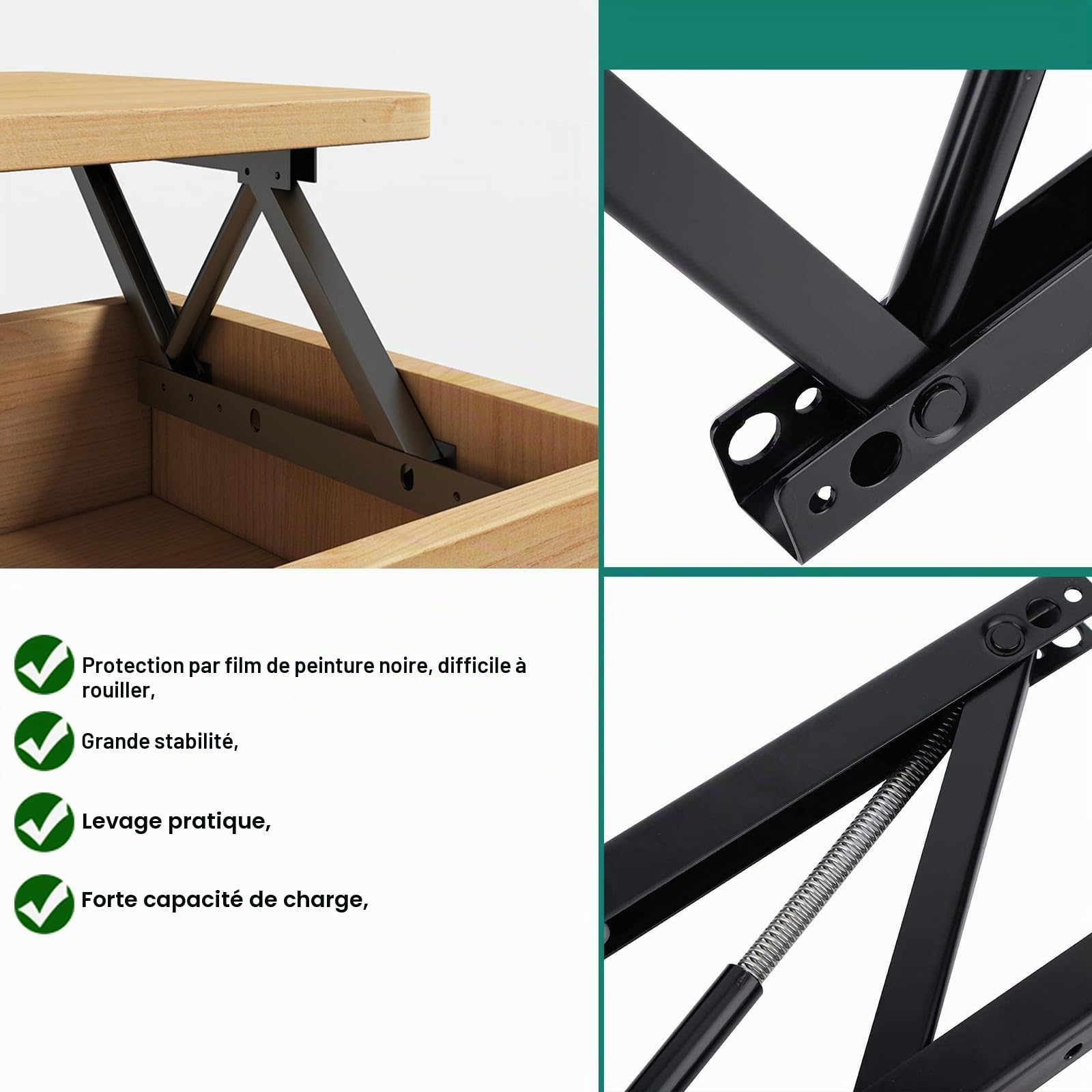 Lot de 2 charnières de table basse pliables - Matériel de table basse - Charnière de table relevable - Mécanisme de table pliable - Noir (acier)