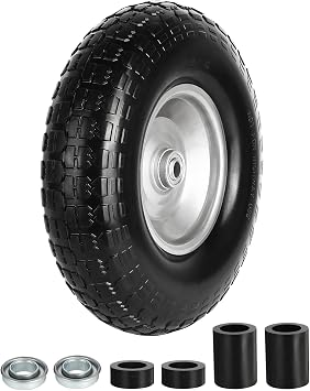 13 Inch Wheelbarrow Tire Flat Free 4.00-6 Tires, Universal Fit | 5/8" or 3/4" Bearings, Replacement Airless Solid Wheel for Wheel Barrow Garden Cart, Puncture-Resistant, Includes Adapter Kit