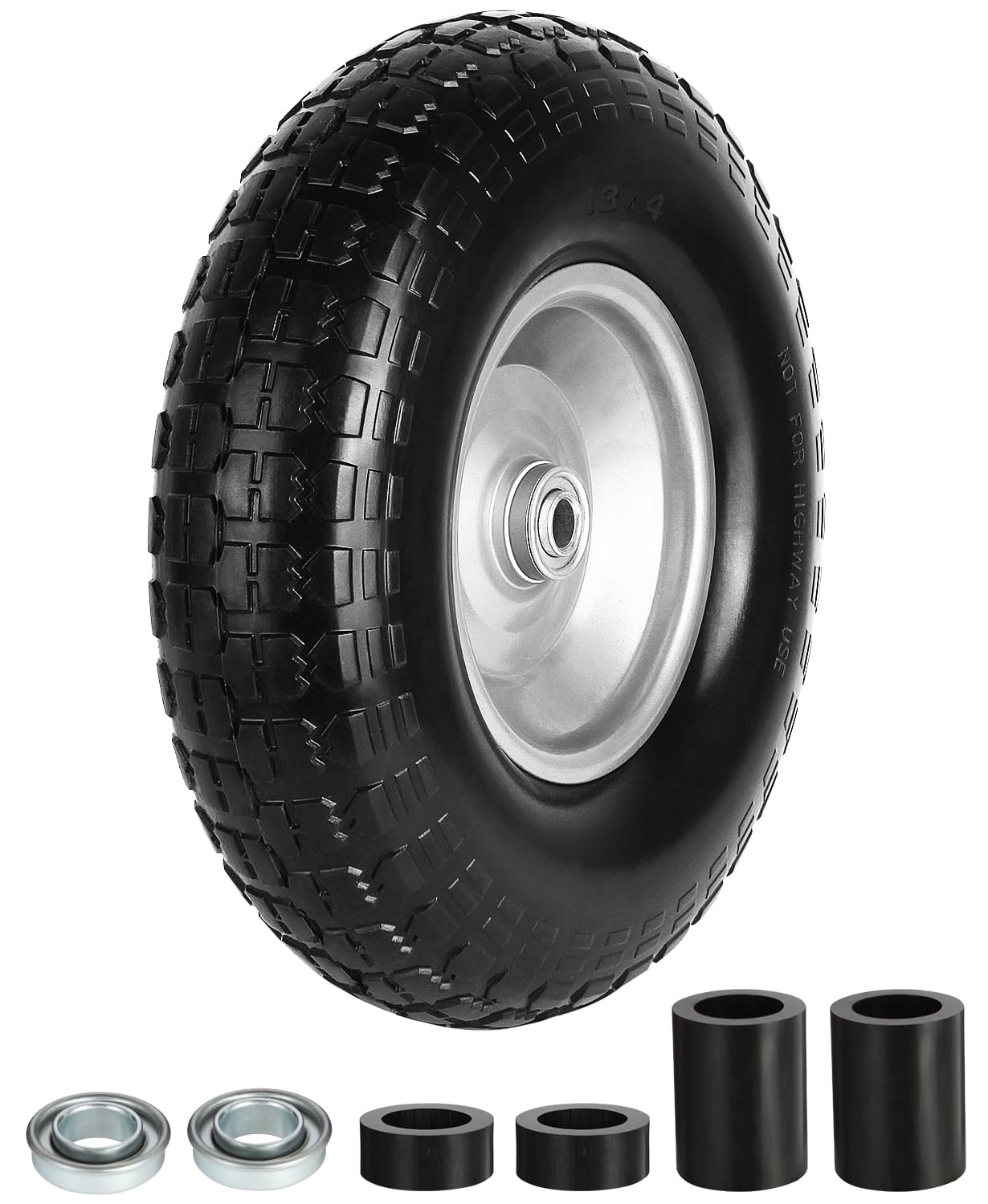 13 Inch Wheelbarrow Tire Flat Free 4.00-6 Tires, 5/8" Bearings Universal Solid Tires with Extra 3/4" Bearings Replacement Wheel for Wheel Barrow, Hand Truck, Garden, Includes Adapter Kit