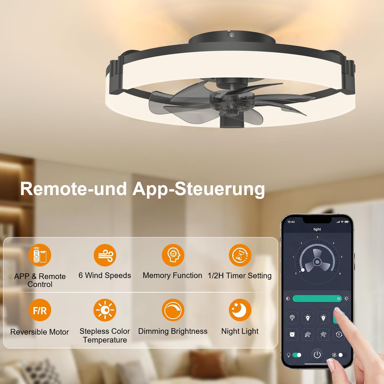Deckenventilator mit Beleuchtung, LED Dimmbar Deckenlampe mit Ventilator
