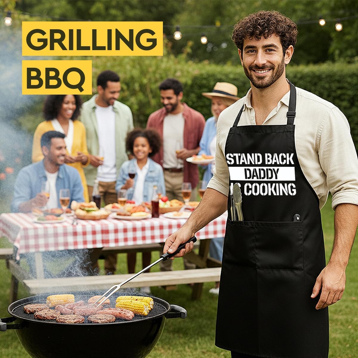 Funny Black Grill Apron with Pockets for Man,Dad,Husband,Father in Law,Chef Daddy Grilling Apron BBQ Cooking Gifts - Image 4
