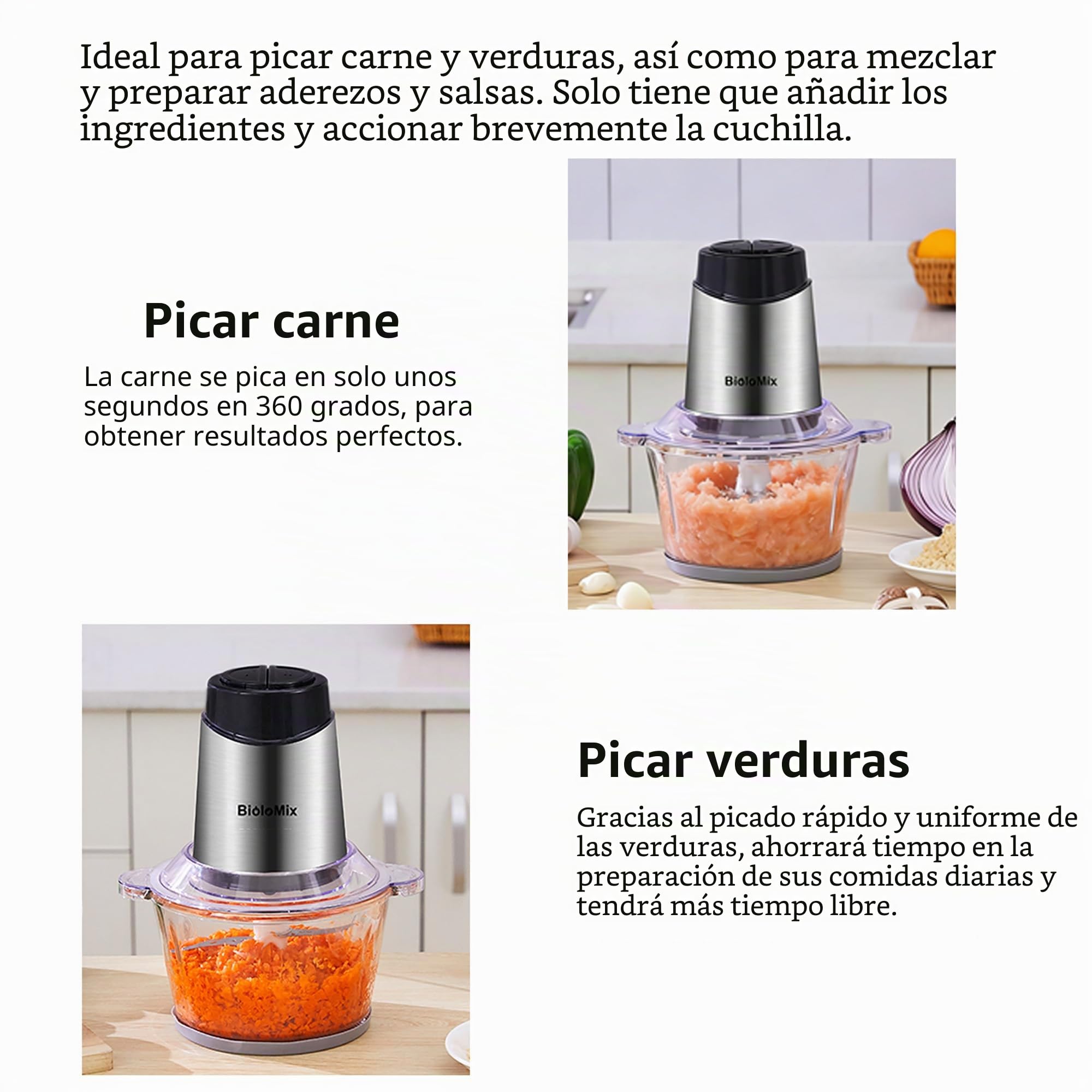 Biolomix Trituradora multi de 500 W, potente motor, recipiente de cristal de 2 litros, cuchillo especial de 4 hojas de acero inoxidable (P6001)