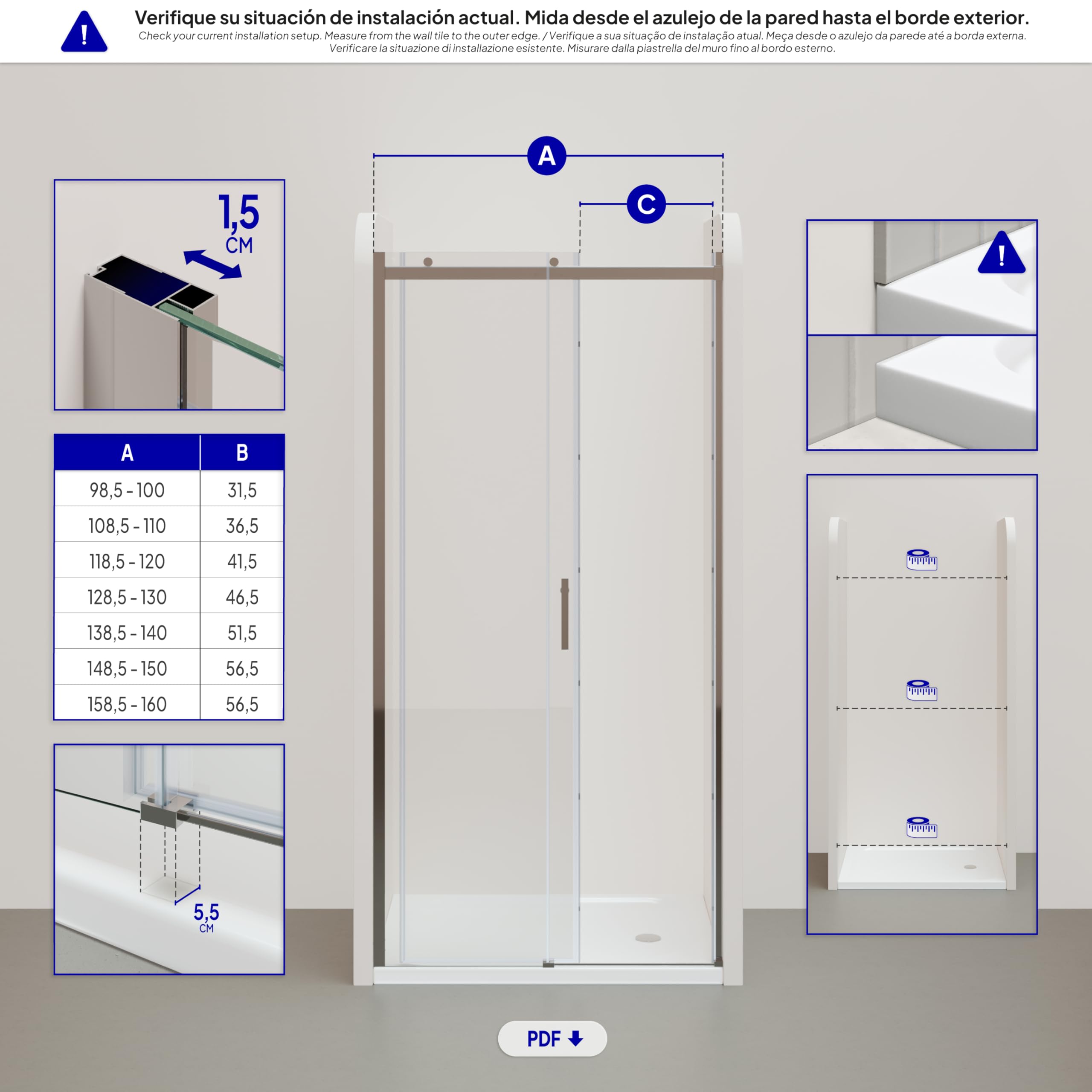 Mampara de Ducha Viola – Puerta Corredera, Cristal ESG 8 mm Transparente (cromo, 120x200 cm)