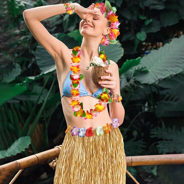 Foto 4 de 6 de FUIPVGI 5 Piezas Conjunto Hawaii Hula, Hawaiana Falda, Falda de Hierba Hawaiana, Disfraces de Hawaii