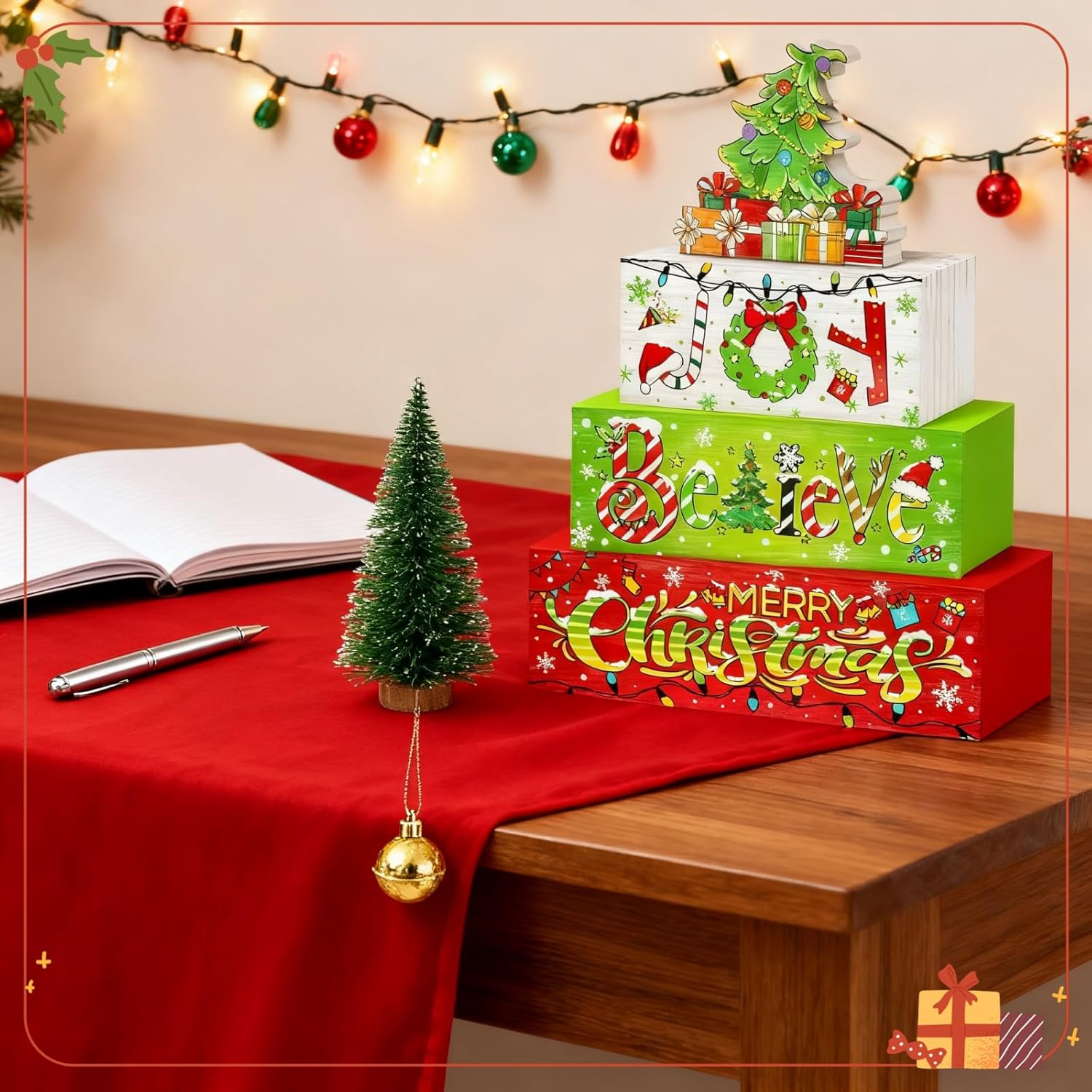 4 Pcs Christmas Wooden Tabletop Decor Winter Christmas Tree Gift Tiered Tray Decorations,Winter Table Centerpieces, Red and Green Centerpiece Rustic Block Signs,Furniture Kitchen Decor Gifts - Image 7