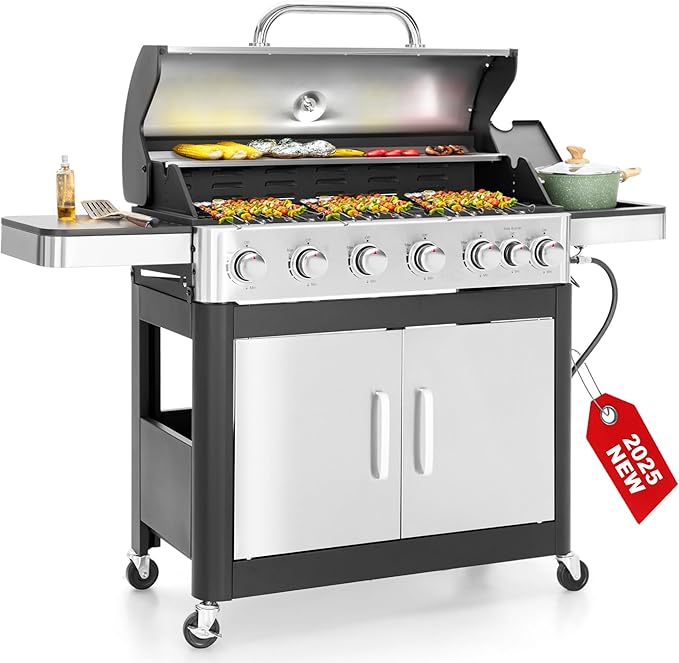 6-burner propane gas grill with side burner and cabinet storage in stainless finish