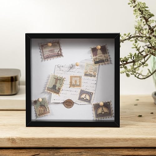 Miniatura 6 de Califortree Marco de caja de sombra de 8 x 8 con parte trasera de lino suave, pasadores incluidos, caja de memoria para flores, boletos y artículos