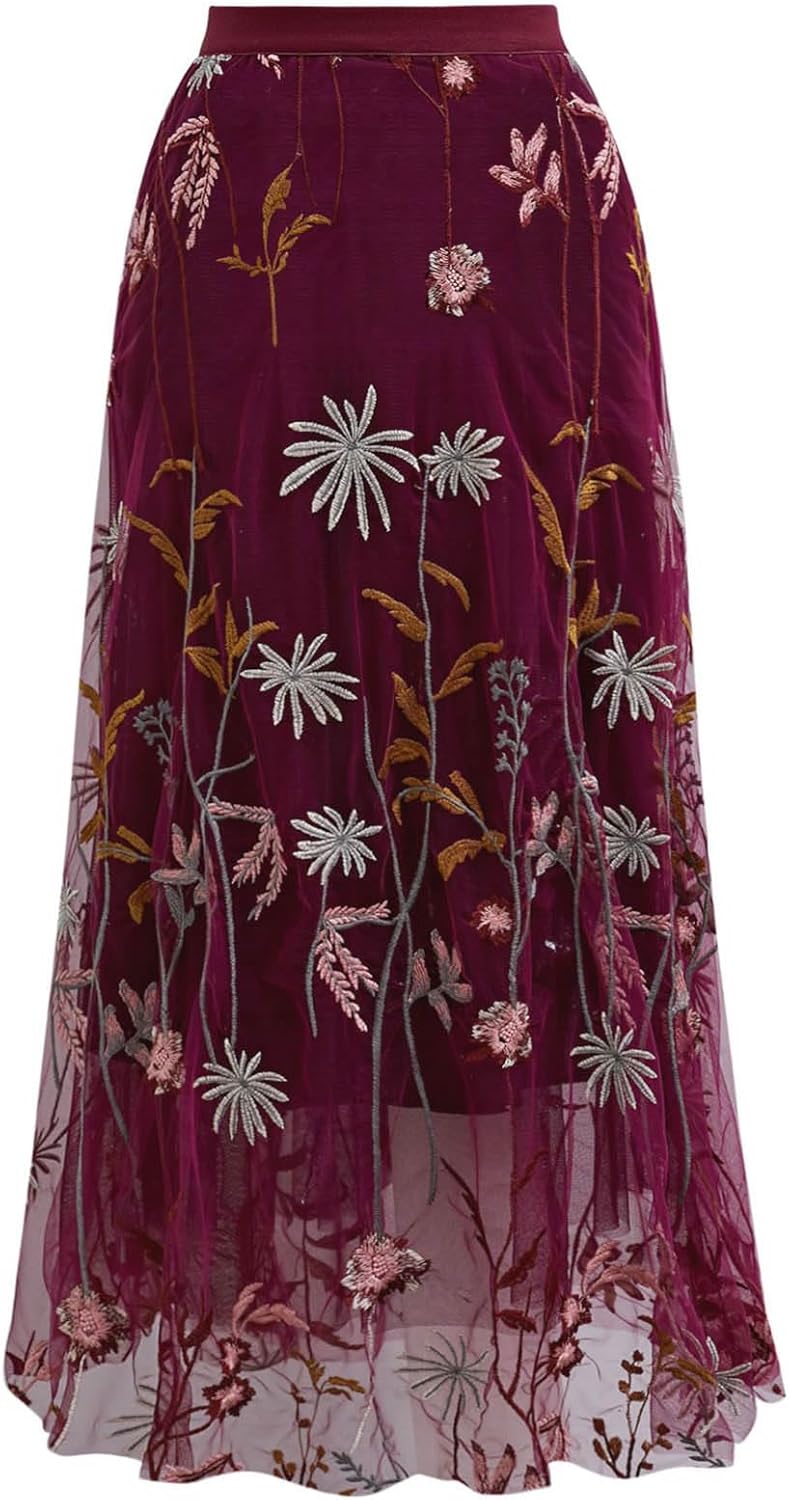 CHICWISH Women Floral Embroidered Tulle Skirt Flared A Line High Elastic Waist Mesh Double-Layered Midi Skirt