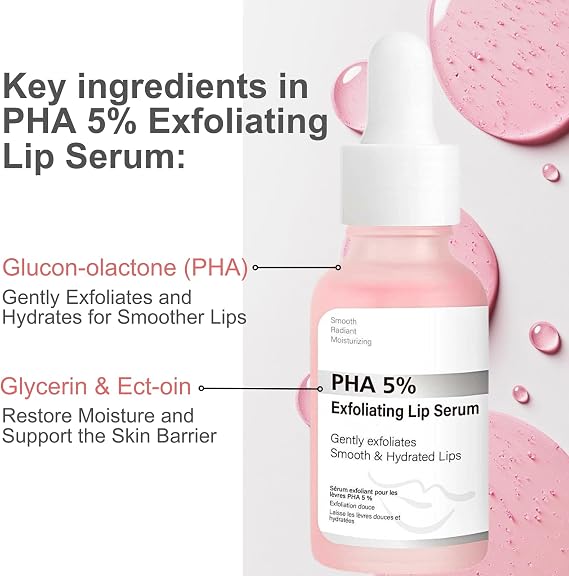 PHA 5% Exfoliating Lip Serum-Hydrating Overnight Lip Exfoliator,Hydrating Overnight Lip Mask & Pre-Matte,Gently Smooths & Plumps Lips,Vegan,Fragrance-Free,15ml
