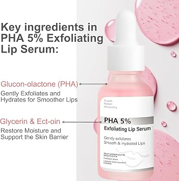 PHA 5% Exfoliating Lip Serum-Hydrating Overnight Lip Exfoliator,Hydrating Overnight Lip Mask & Pre-Matte,Gently Smooths & Plumps Lips,Vegan,Fragrance-Free,15ml