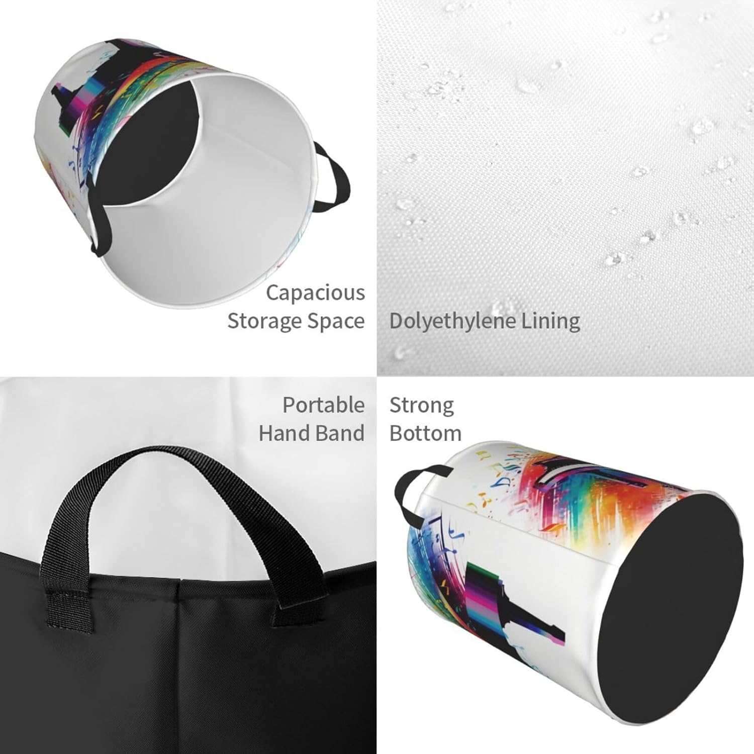 Colorful Piano Keyboard Music Laundry Basket With Handles, Foldable Laundry Hamper Oxford Cloth Dirty Clothes Basket Waterproof Clothes Toys Storage Bin Organizer for Bedroom Bathroom Dorm