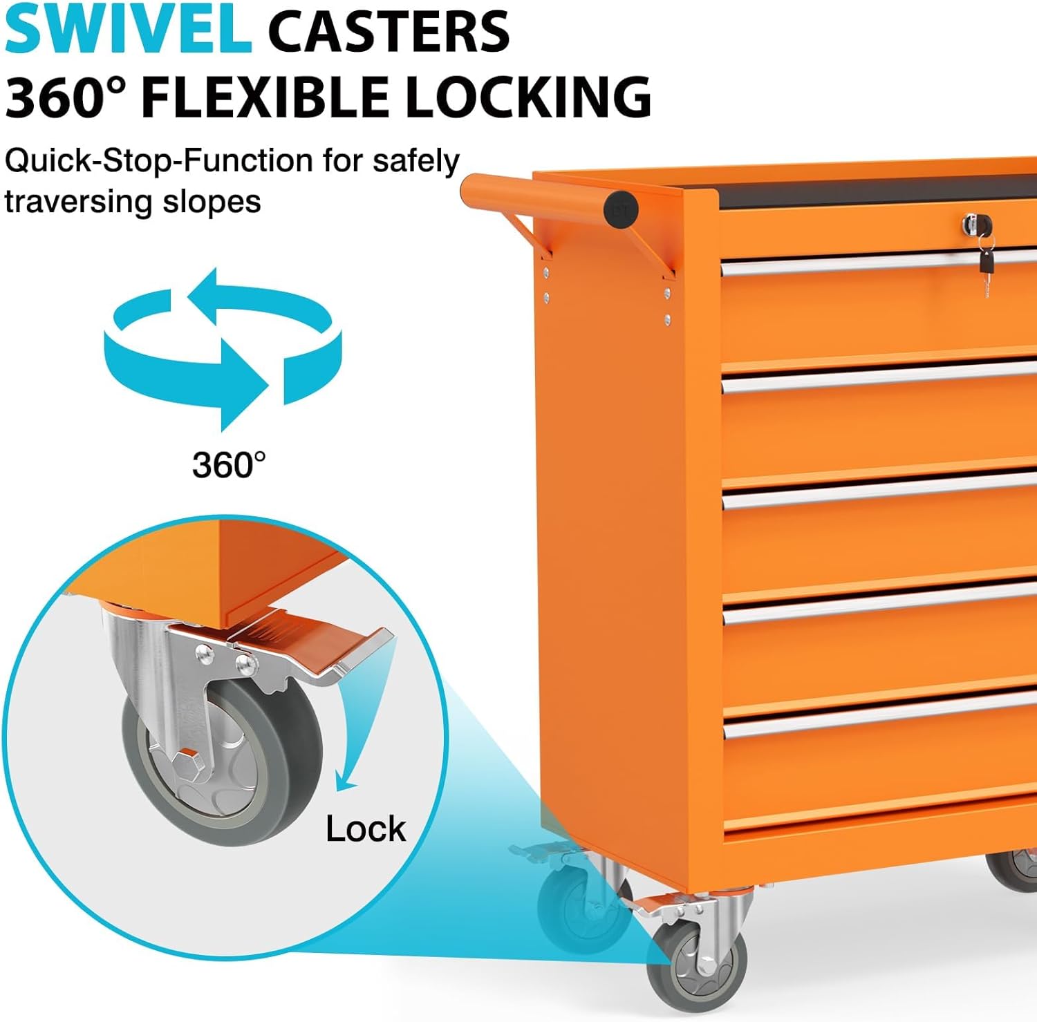 5 Drawers Rolling Tool Chest, Portable Storage Tool Box with Wheels, Tool Chest with Lock for Warehouse, Garage, Repair Shop and Tool Room