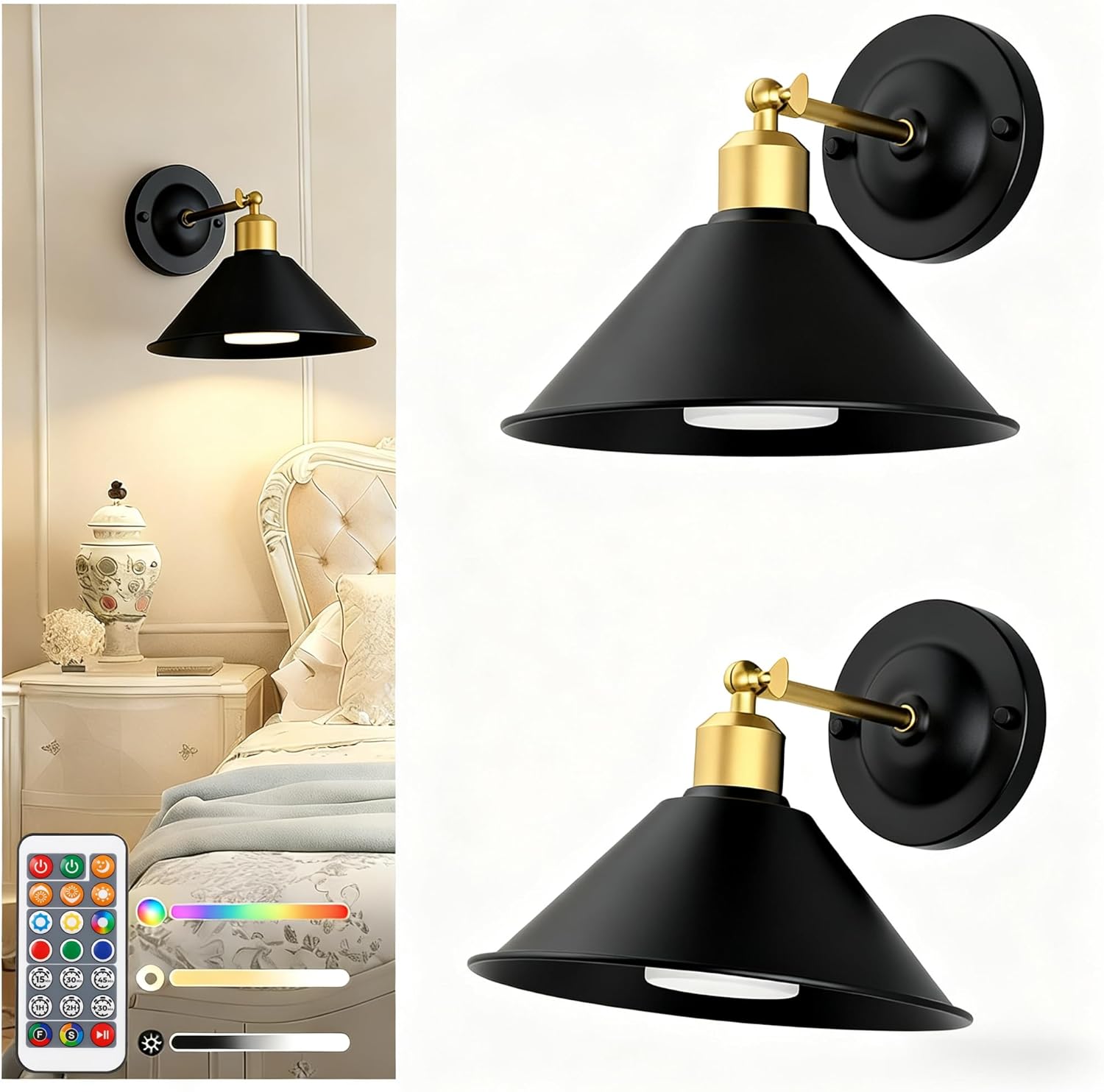 DORESshop Black and Gold Vintage Battery Operated Wall Sconces Set of 2, Wireless Battery Powered Wall Lights with Remote Control, Rechargeable Wall Sconce for Living Room, Bedroom Farmhouse
