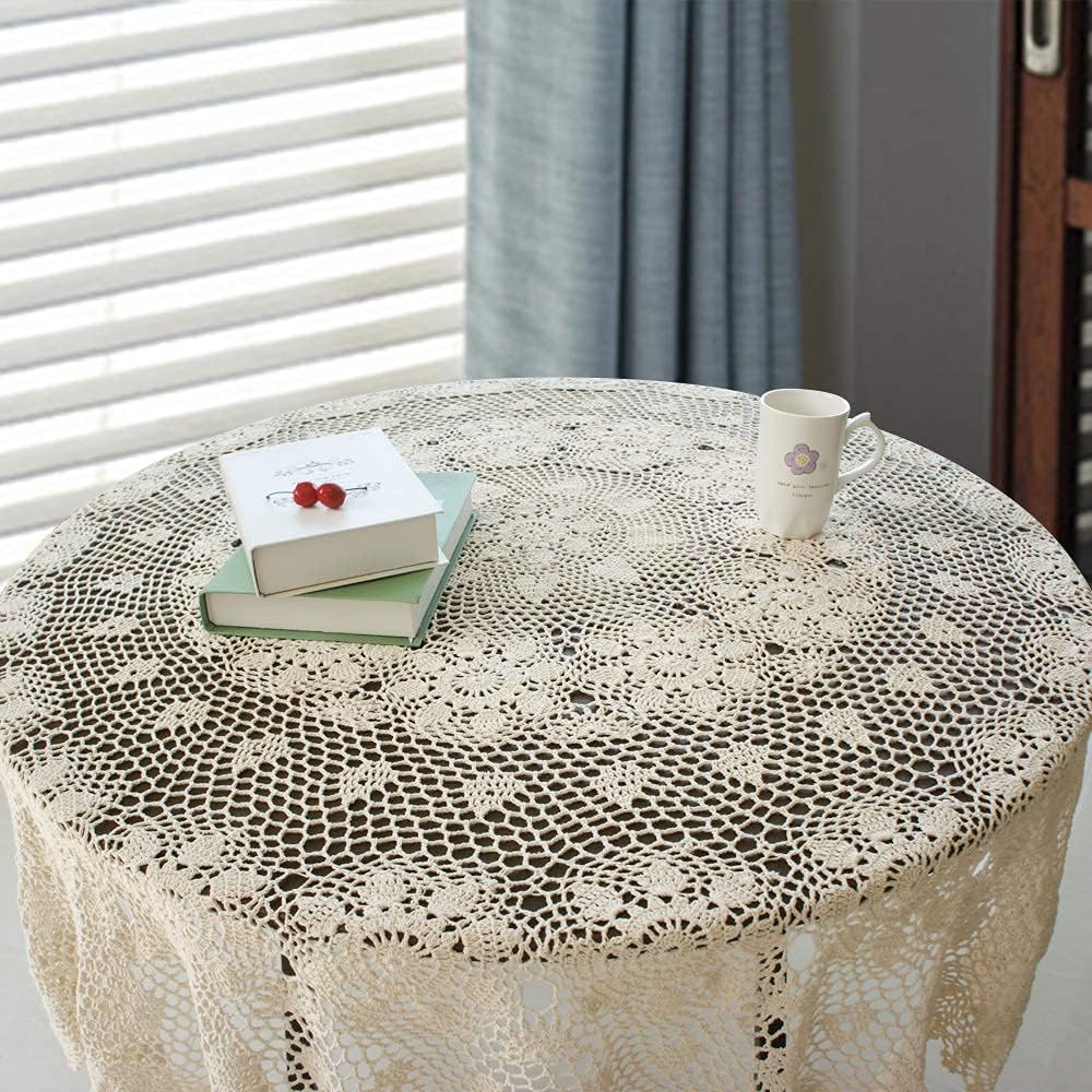 USTIDE Handmade Crochet Round Tablecloth 60-inch Beige Lace Table Overlays Floral Table Covers for Bedroom Kitchen Coffee Dining