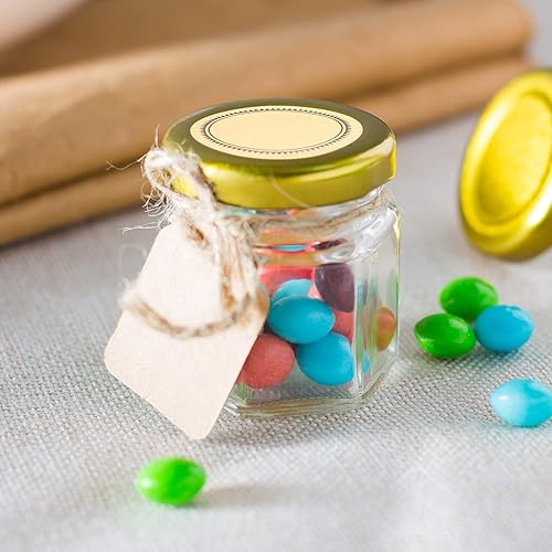 Vista 5 de Encheng Tarros hexagonales transparentes de 1.5 onzas, pequeños frascos de vidrio para miel con tapas (dorados), tarros Mason para hierbas