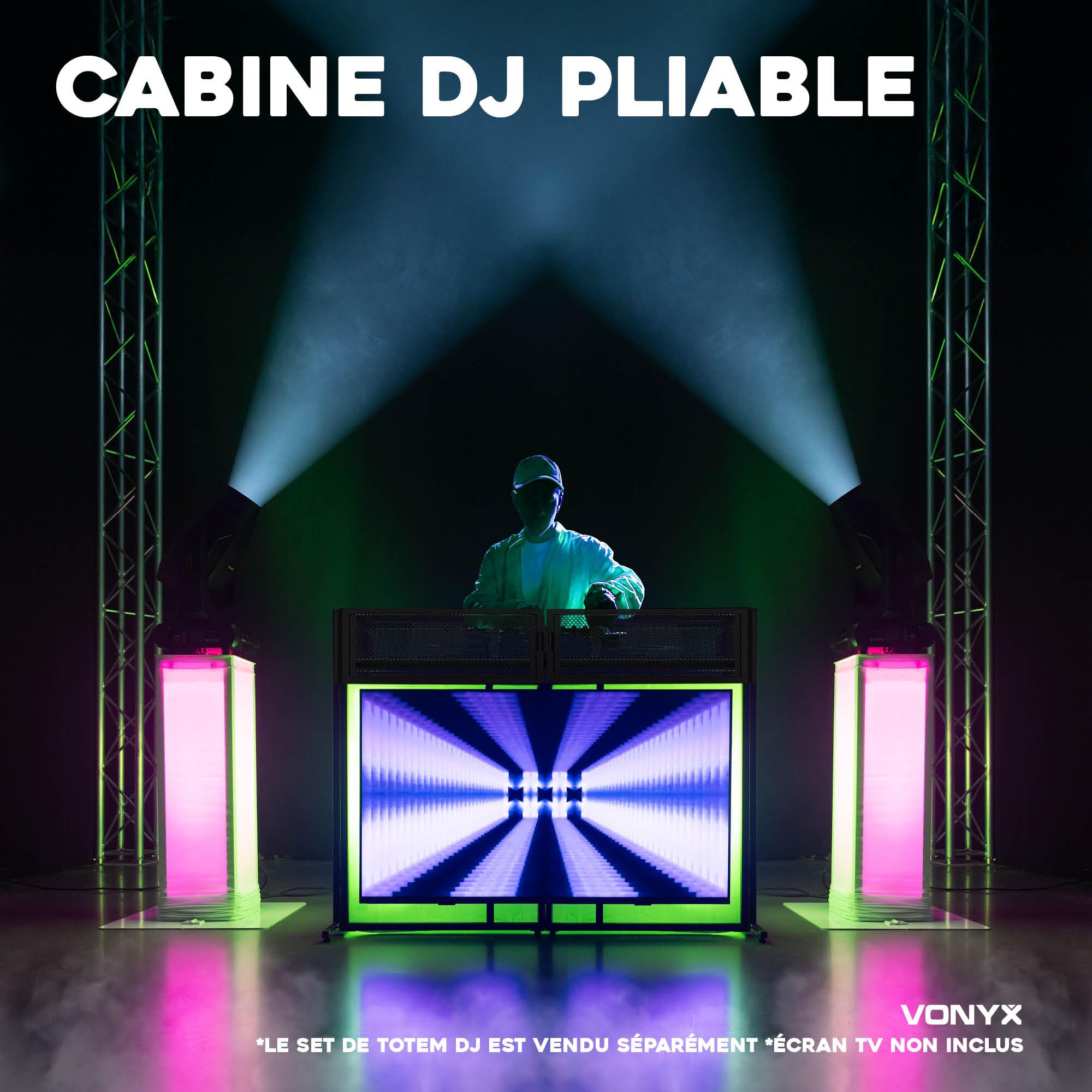 VONYX DB6 Pro Cabine DJ avec Support TV - Jusqu'à 25 Kg, Écran 65'', Lycra Blanc ou Noir Inclus, Sac de Transport, Un Système Complet et Idéal pour Les DJs Professionnels, DJs Mobiles