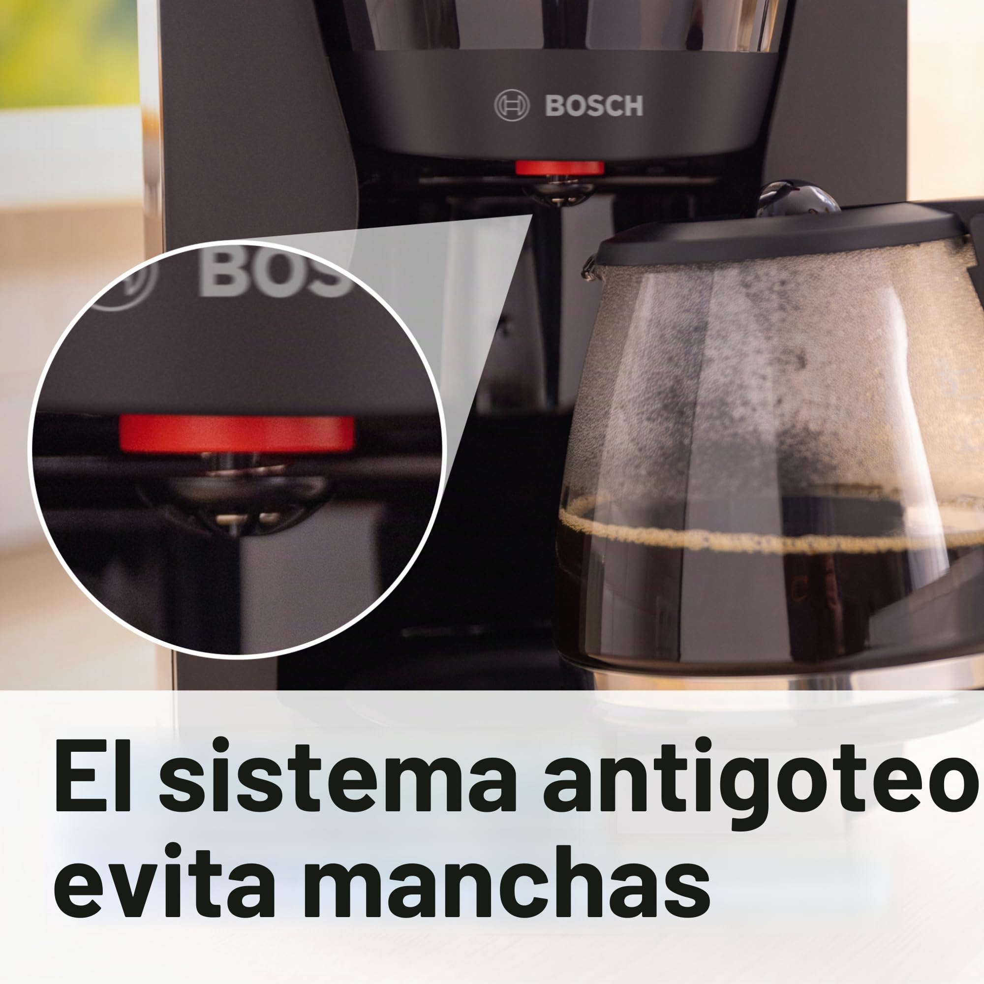 Bosch MyMoment TKA3M133 - Cafetera filtro, jarra de cristal de 1,25 l, para 10 a 15 tazas, función de mantenimiento caliente 60 min, sistema antigoteo, soporte de filtro giratorio, programa de
