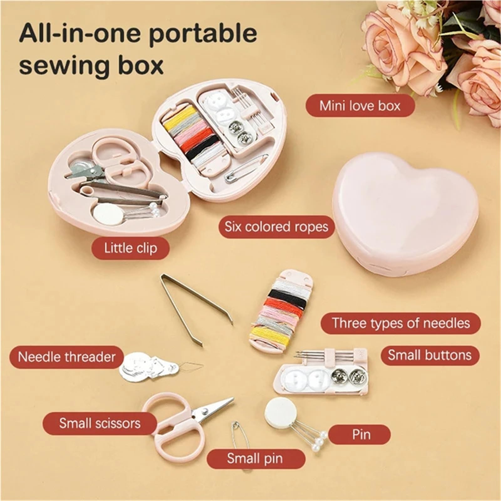 UBOHUZ Tragbares Reise-Mini-Nähset, Knöpfe, Stifte, Aufbewahrungsboxen, handgefertigte Nähwerkzeuge, Schere, Fingerhut, Nadel, Fäden, Box-Set für Hause Reise(Red)