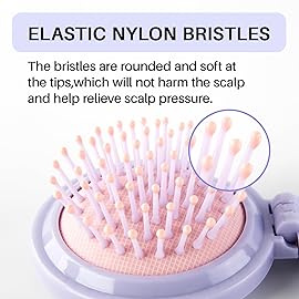 RHOS Hair Brush with Mirror for Women, Girls - Compact Folding Brush with Soft Nylon Bristles and Mirror - Portable Hair Brush for Travel (Purple)