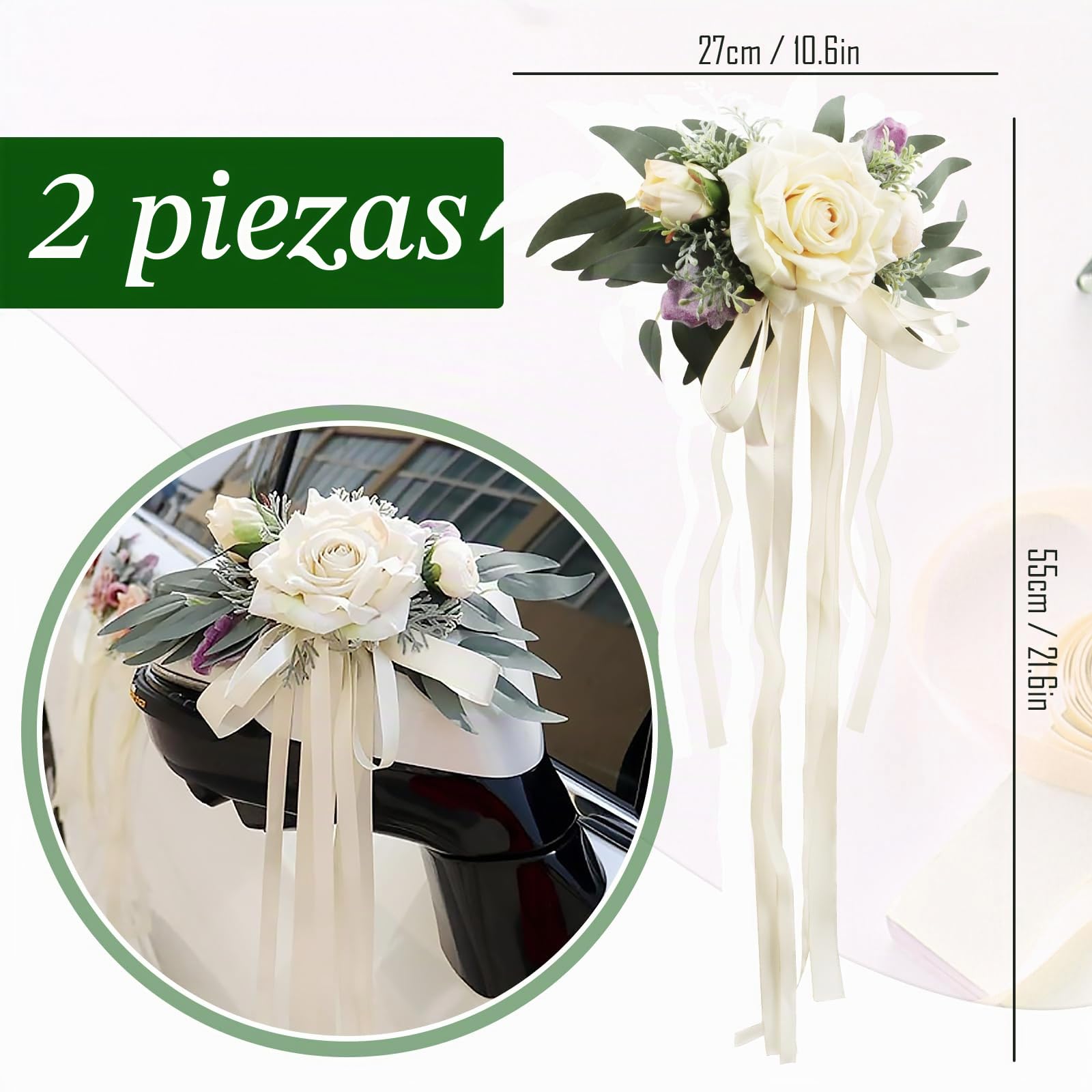 2 piezas de decoración floral para boda en el coche, simulación de flor, lazos para el coche para la boda, decoración de flores para los espejos del coche, asas de las puertas, silla de boda, respaldo