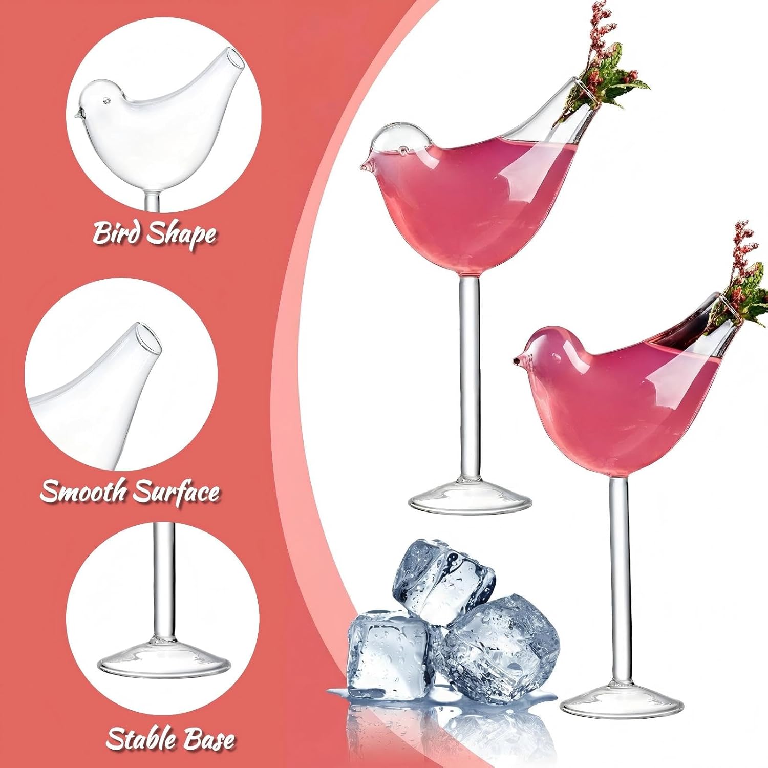 4 Pack Bird Cocktail Glasses, 160ml/5.4 Oz Bird Shaped Martini Glass, Clear Fancy Drinking Glasses, Unique Wine Glasses for champagne, Mixed Drinks, Party, Wedding and Home decor