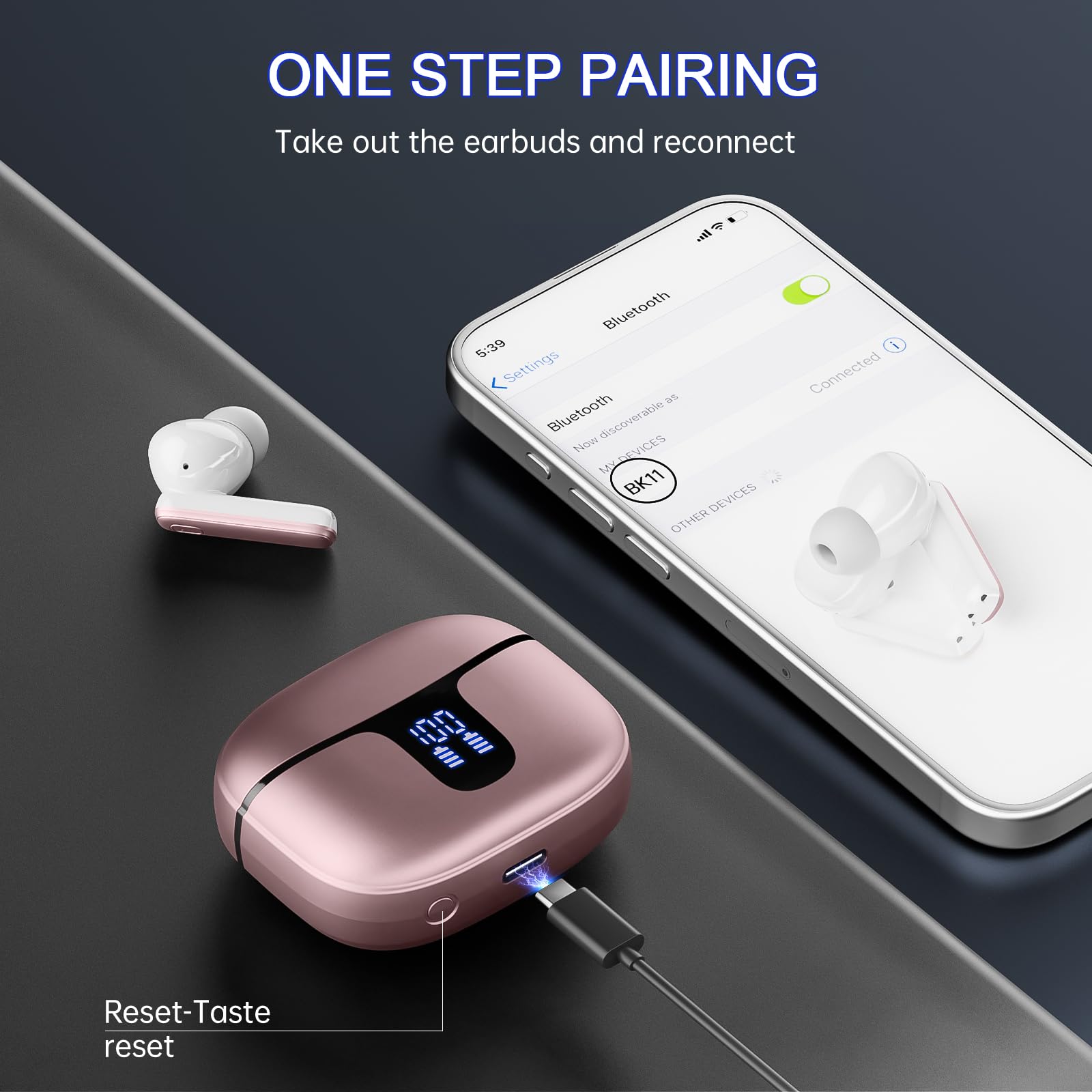 Cuffie Bluetooth, Renimer Auricolari Bluetooth 5.3 con Driver Dinamico 14.2mm Stereo, 4 ENC Mics Cancellazione Rumore Cuffie Wireless in Ear, 40 Ore Cuffiette, IP7 Impermeabile USB-C Cuffie Senza Fili