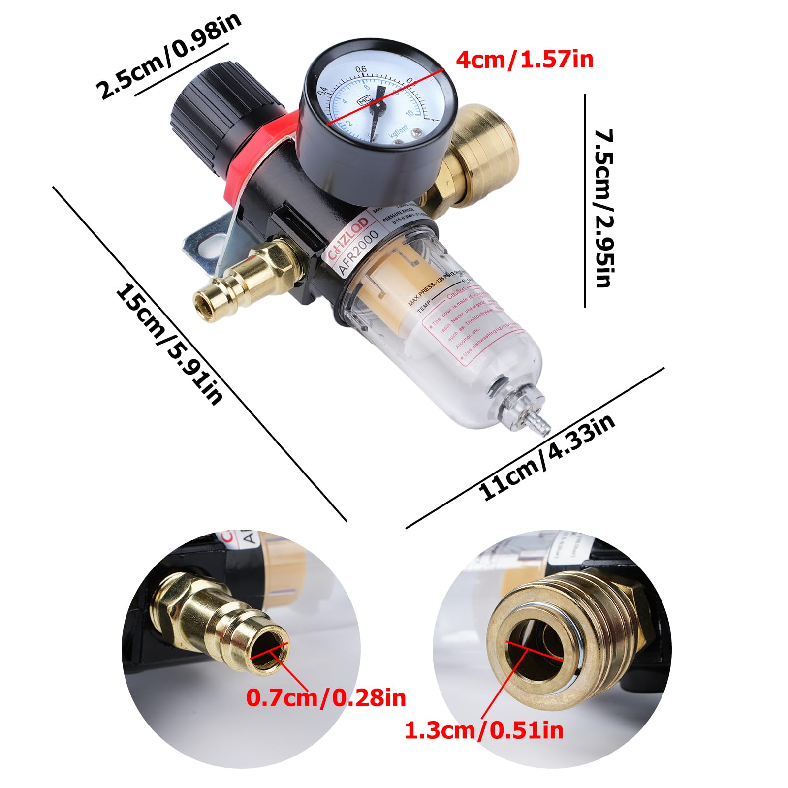 Reductor de presión de aire comprimido, Regulador de Presión de Aire Comprimido, Rosca 1/4 BPS AF2000 válvula reguladora de presión manómetro separador de aire aceite agua para Compresores Aire
