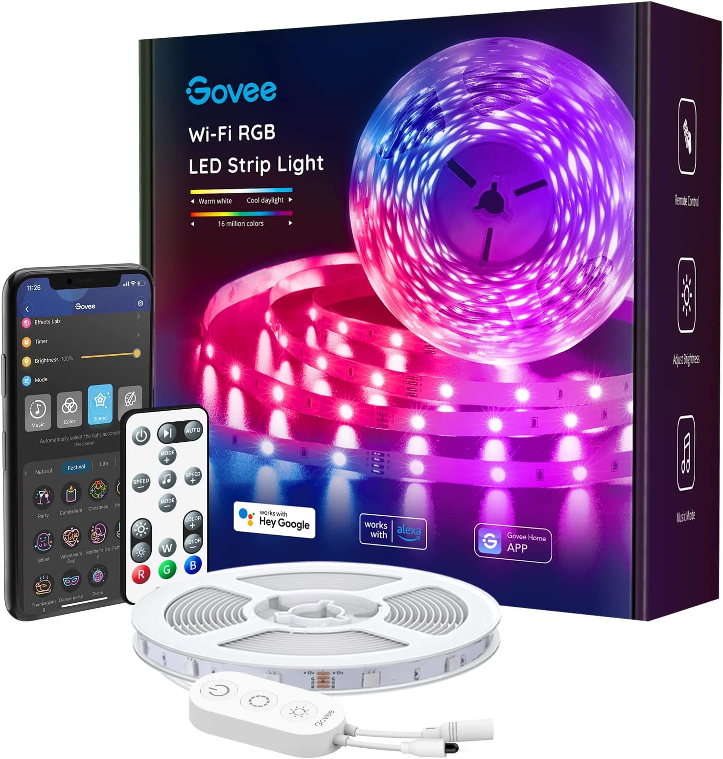 Govee Smart LED Strip Lights, 16.4ft WiFi LED Light Strip with App and Remote Control, Works with Alexa and Google Assistant, 64 Scenes and Music Sync RGB LED Lights for Bedroom, Kitchen, TV, Party