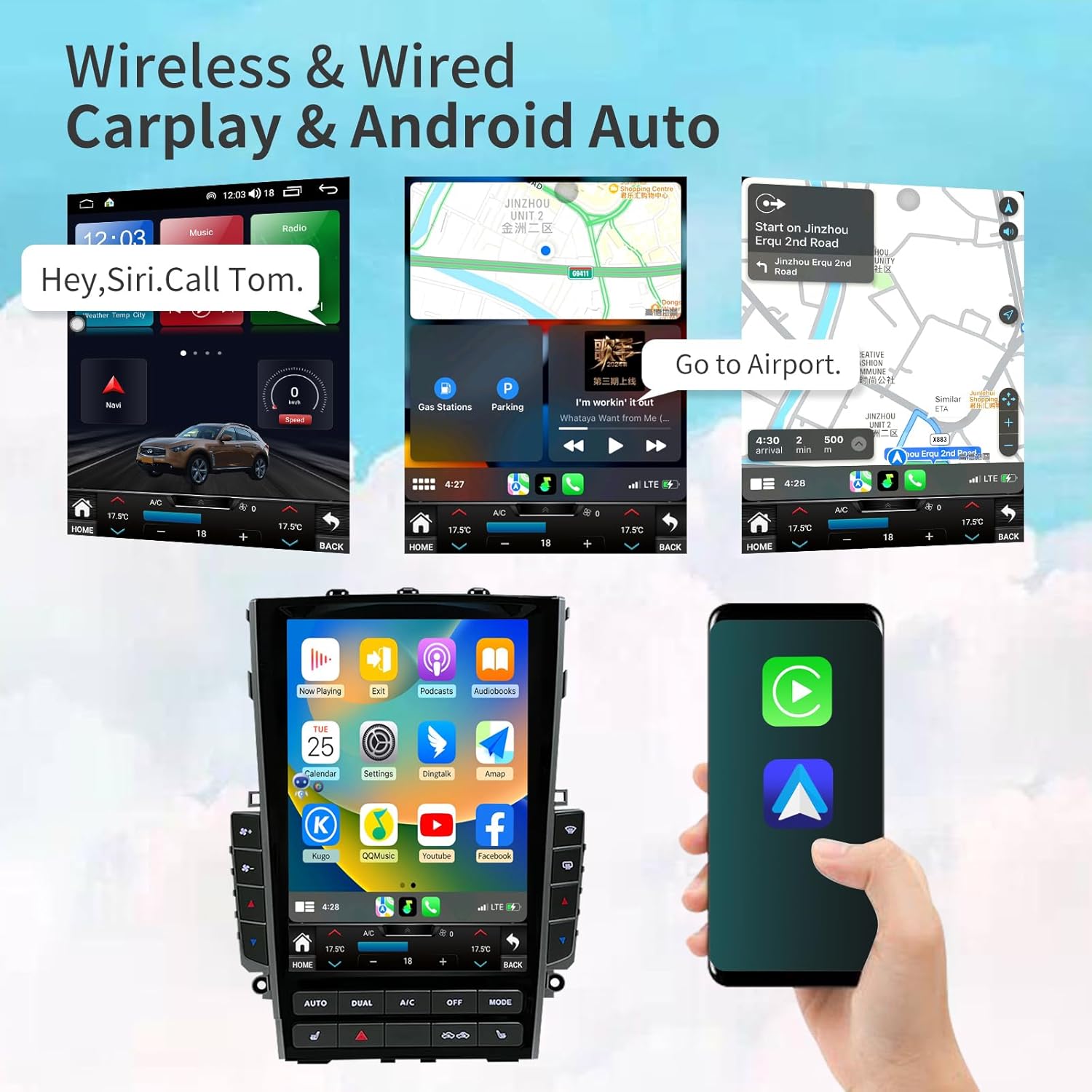 Car Radio Stereo for Infiniti Q50 Q50S Q60 Q60S 2013-2022 Replacement Head Unit 12.1 Inches Touch Screen Carplay Android Auto Tesla Style GPS Navigation Multimedia Play