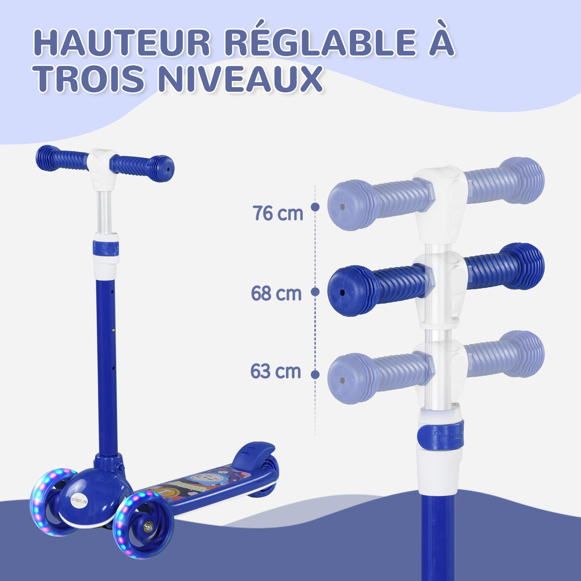 AIYAPLAY Trottinette pour Enfant - Trottinette 3 Roues Lumineuses LED - Hauteur Guidon en TPE réglable - Frein à Friction arrière - Acier PP pour Enfants de 2 à 6 Ans