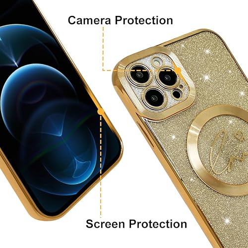 Miniatura 5 de Funda magnética transparente con purpurina para iPhone 12 Pro, compatible con Magsafe, diseño de corazón chapado de lujo, protector completo