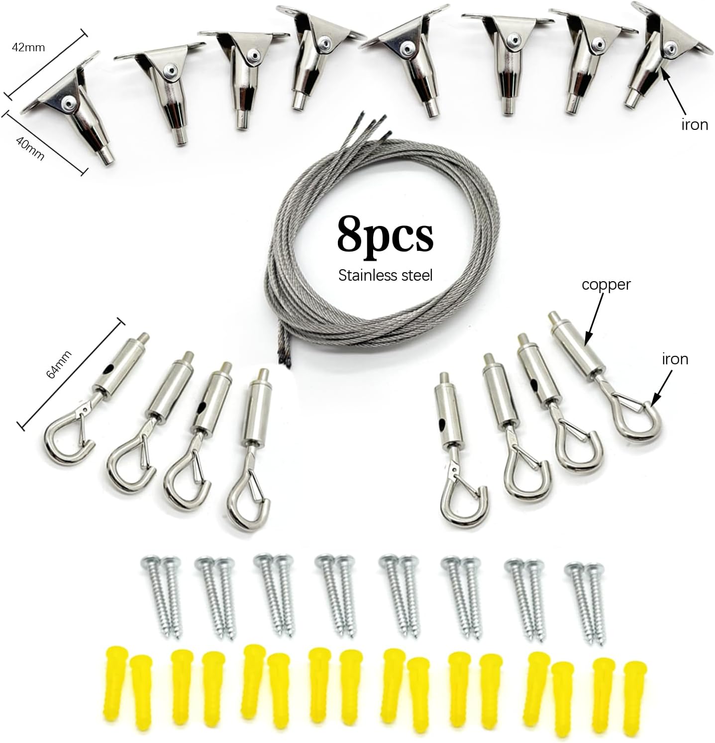 8-Piece Hanging Kit with 1.5-Meter Ropes Adjustable - High-Strength Stainless Steel Hooks, 66lbs Capacity - Suitable for Art Exhibitions, Billboards, Flower Baskets (2)