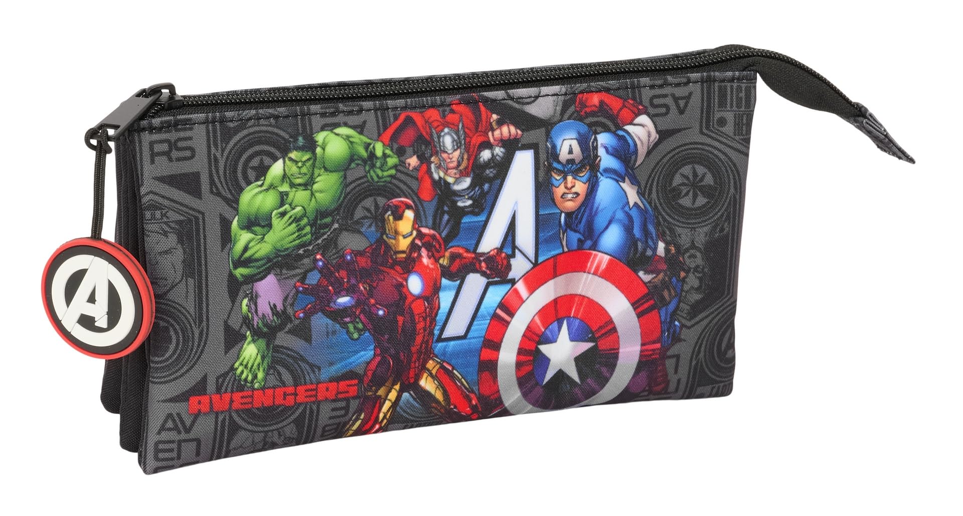 Safta AVENGERS VENDETTA – Triple Pencil Case, Children's Pencil Case, Ideal for School Age Children, Comfortable and Versatile, Quality and Resistance, 22 x 3 x 12 cm, Black/White, M, Casual