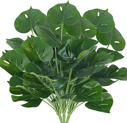 Miniatura 9 de RECUTMS 6 paquetes de plantas falsas, hojas de palmera tropicales artificiales, arbustos de Monstera sintética, plantas verdes, tallos de hojas de