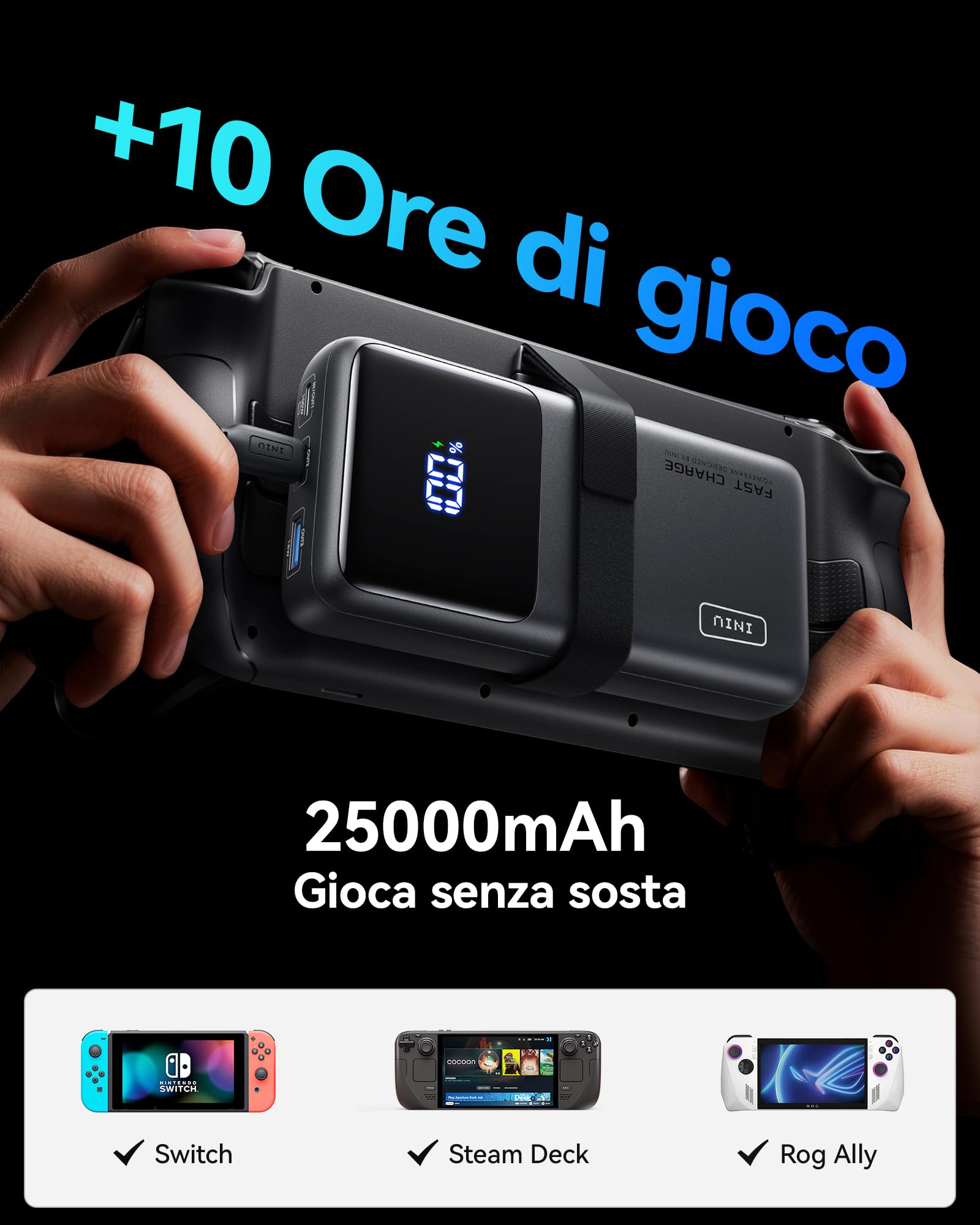 INIU Laptop Power Bank, 100W PD3.0 25000mAh Alta Capacità Powerbank, Compatto USB-C Ricarica Rapida Caricatore Portatile per MacBook Pro, Steam Deck, iPhone 17 16 15 Pro, Samsung S22, iPad Pro ecc.