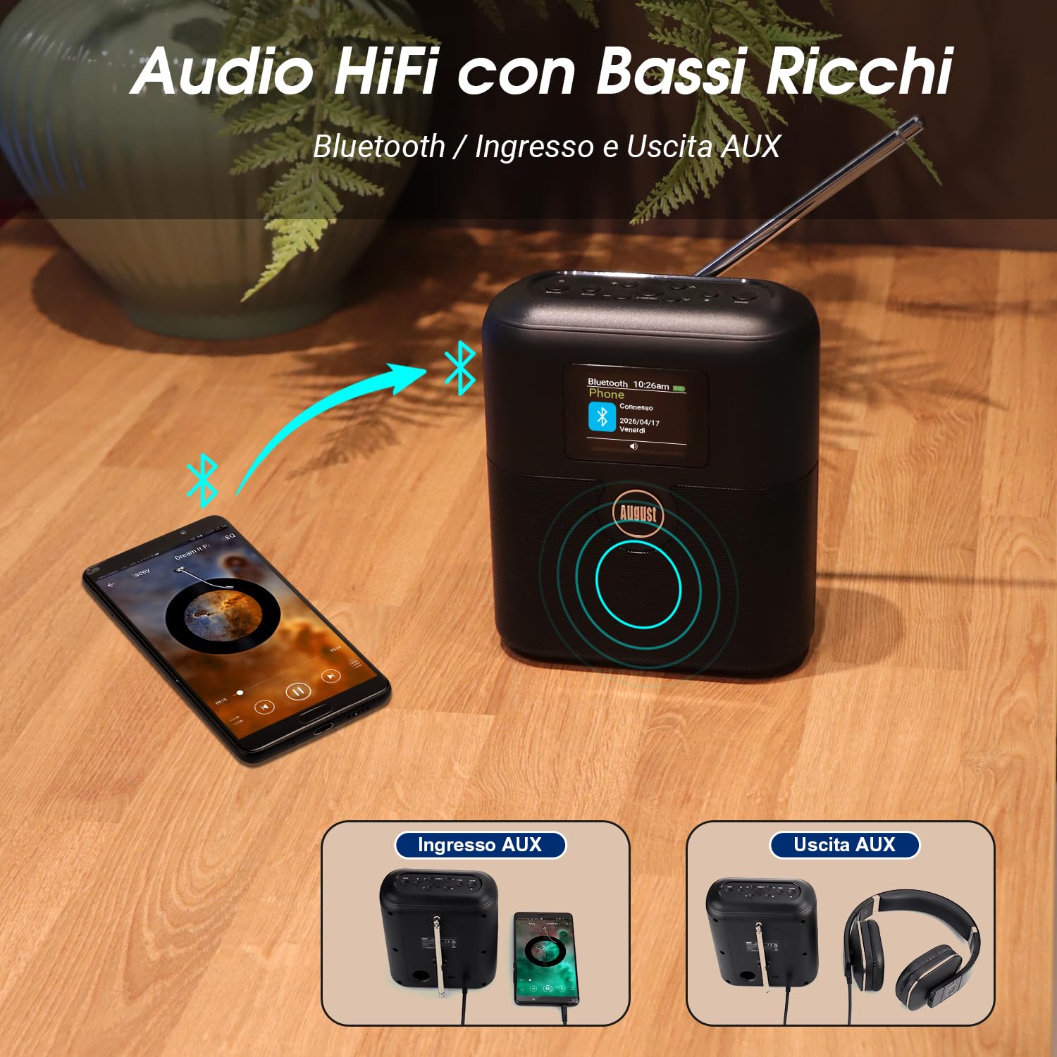 August MB330 Radio DAB Portatile con Bluetooth - DAB/DAB+/FM Radio Digitale, USB Ricaricabile Doppio Radiosveglia, 60 Preset,Timer Spegnimento,AUX In/Out,EQ,Display Colori per Cucina, Camera e Outdoor