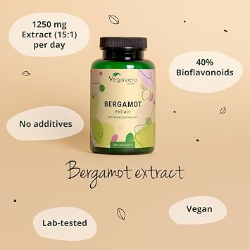 Vegavero Bergamot Supplement | 1250 mg Extract (15:1) | 120 Capsules (2 Months Supply) | 40% BIOFLAVONOIDS | Citrus Bergamia | NO Additives, Lab-Tested | Vegan
