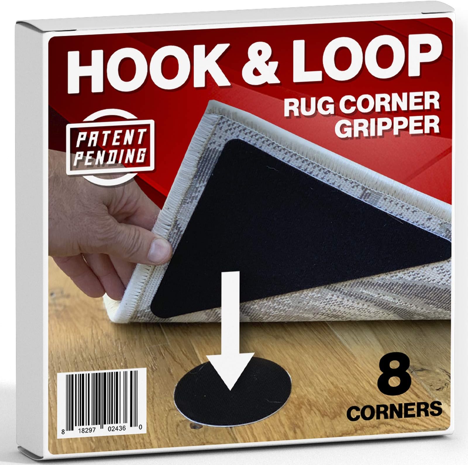 Hook and Loop Large Size Carpet and Rug Corner Gripper - 8 Corner Pack Dog Slide Proof Triangle Gripper - Easy to Lift, Clean, No Curl, Anti Skid, Renewable Gel for Hardwood Floors, Tile - Patented