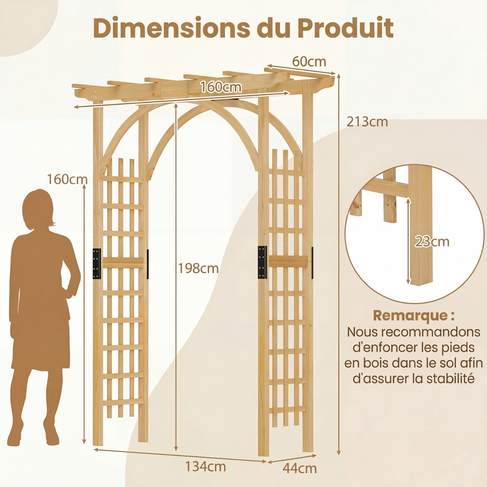 GYMAX Arche de Jardin en Bois Massif pour Plantes ou Fleurs Grimpantes, Arche en Treillis à Rosiers Lumières pour Décoration Extérieure de Fête Mariage, 134 x 213cm