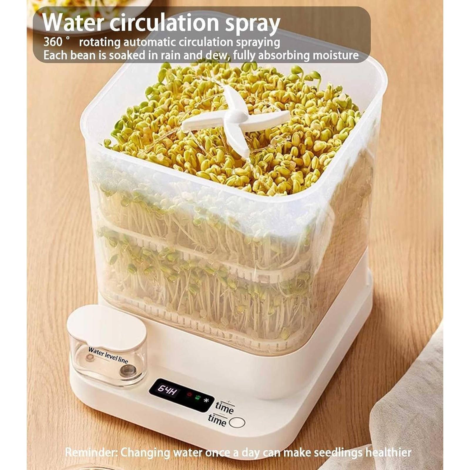 Intelligente automatische Sprossenmaschine, 3-lagige Sprossenformmaschine mit 1,5-Liter-Wassertank, 360°-Rundum-Bewässerung, LED-Zeitanzeige, für Radieschen, Weizengras und Gerste