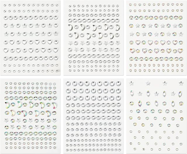 6 Sheets Festival Face Gems Stick on, Self-Adhesive Face Jewels Stickers Face Diamonds Rhinestones for Makeup, Nail Gems Pearl Stickers for Face Eye Belly Arm Body Nail Decoration Party