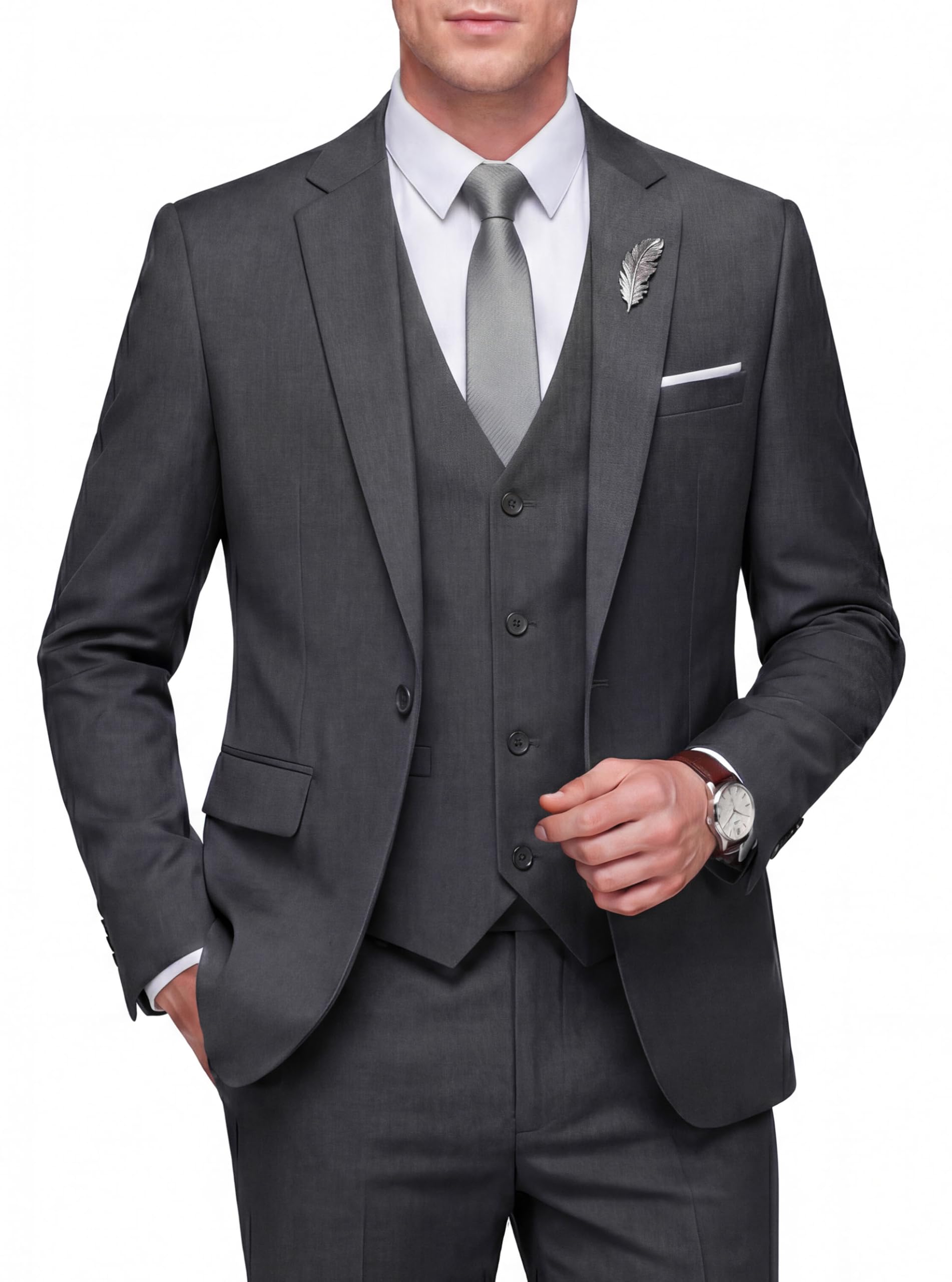 wulful Men's Slim Fit 3 Piece Suit, One Button Solid Blazer Business Party Jacket Vest Pants Set-picture-44