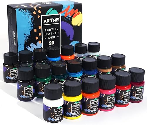 Artme Juego de pintura acrílica para cuero, 20 colores x 1.0fl oz, kit de tinte de cuero acrílico con preparador y desengrasante y acabado acrílico,