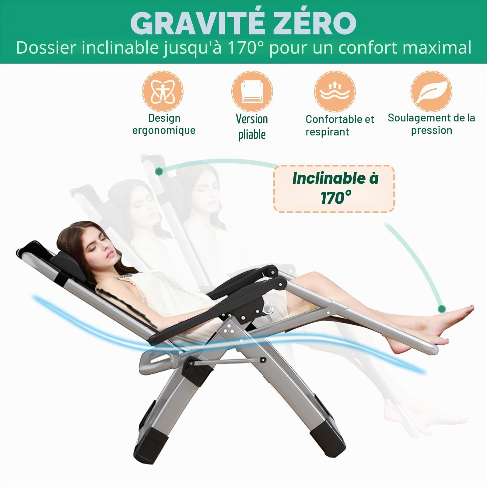 Chaise longue pliable pour le soleil, chaise de terrasse, avec capacité de charge de 200 kg, chaise à gravité zéro avec support de coussin, porte-gobelets, chaise longue de jardin extra-large