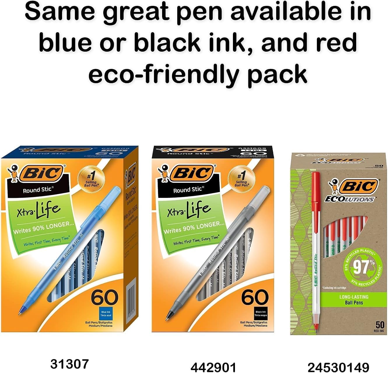 BIC Round Stic Xtra Life Assorted Ink Ballpoint Pens, Medium Point (1.0mm), 60-Count Pack of Bulk Pens, Flexible Round Barrel for Comfortable Writing, No. 1 Selling Ballpoint Pens (Pack of 2)