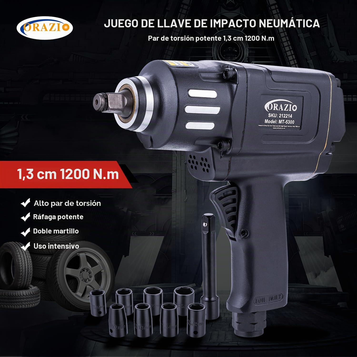 ORAZIO Juego de Llave de Impacto Neumática 1/2" 1200 N.M con 8 Vasos de 12-24 mm Profesional Pistola Impacto Neumatica para Garaje Coche Camión de Pernos Rueda Instalación Extracción