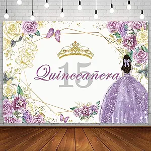 Sendy 7x5ft Quinceanera 15th Birthday Backdrop for Sweet Girl Mis Quince Anos 15th Birthday Party Decorations Purple Gold Glitter Floral Crown Butterfly Banner Photography Background Cake Table Prop