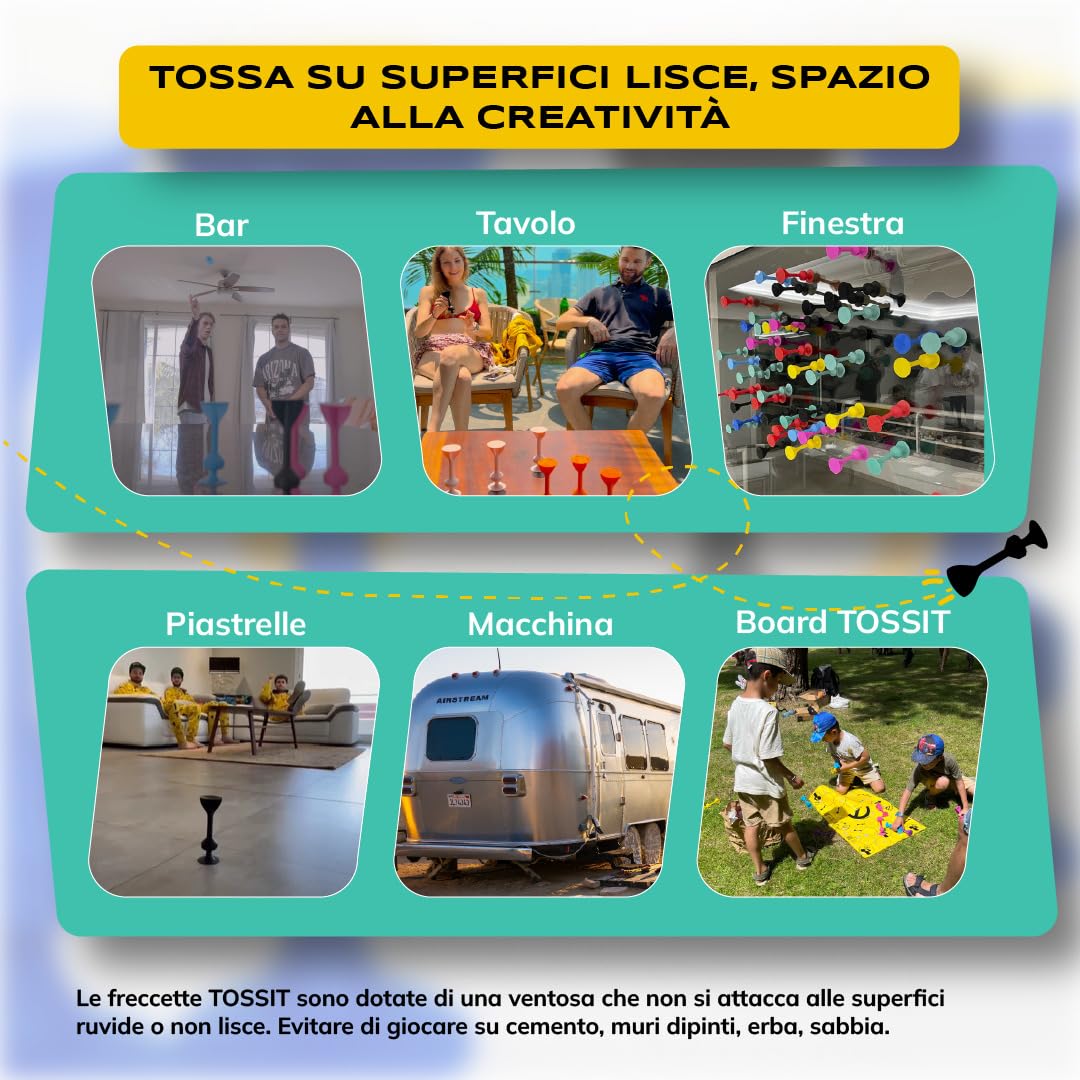 TOSSIT Gioco di Lancio Divertente con Ventosa, Interni Esterni, Si Attacca a Muri, Finestre, Pavimenti, Alternativa Freccette, Bocce, Pétanque, Famiglia, Amici, Twin Pack, Rosso Ciano Blu Giallo