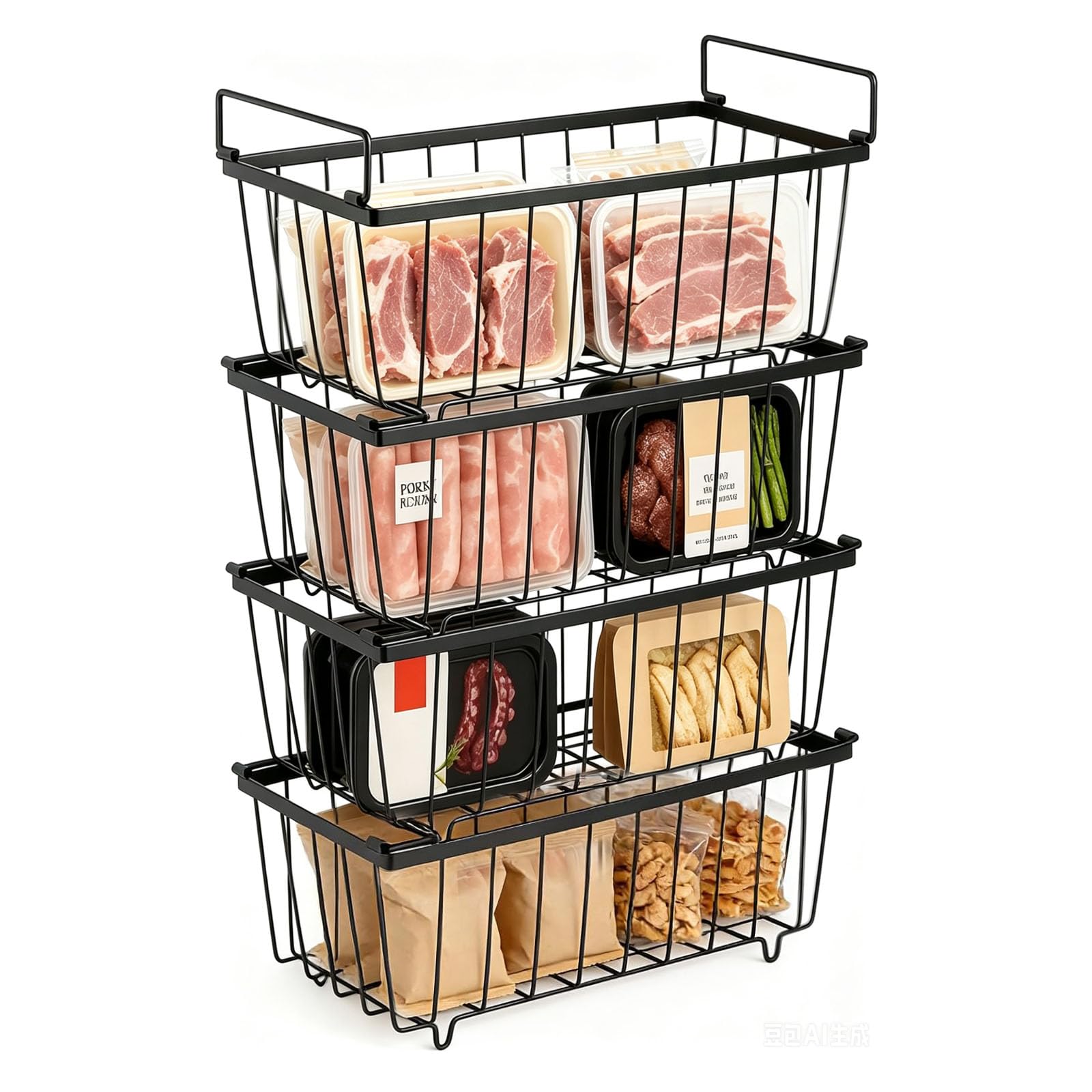 Varku Black 4 Pack Chest Freezer Organiser, Stackable Wire Chest Freezer Baskets To Sort Frozen Food, Freezer Storage Bins With Handles For Easy Access Improved Air Circulation For Freshness